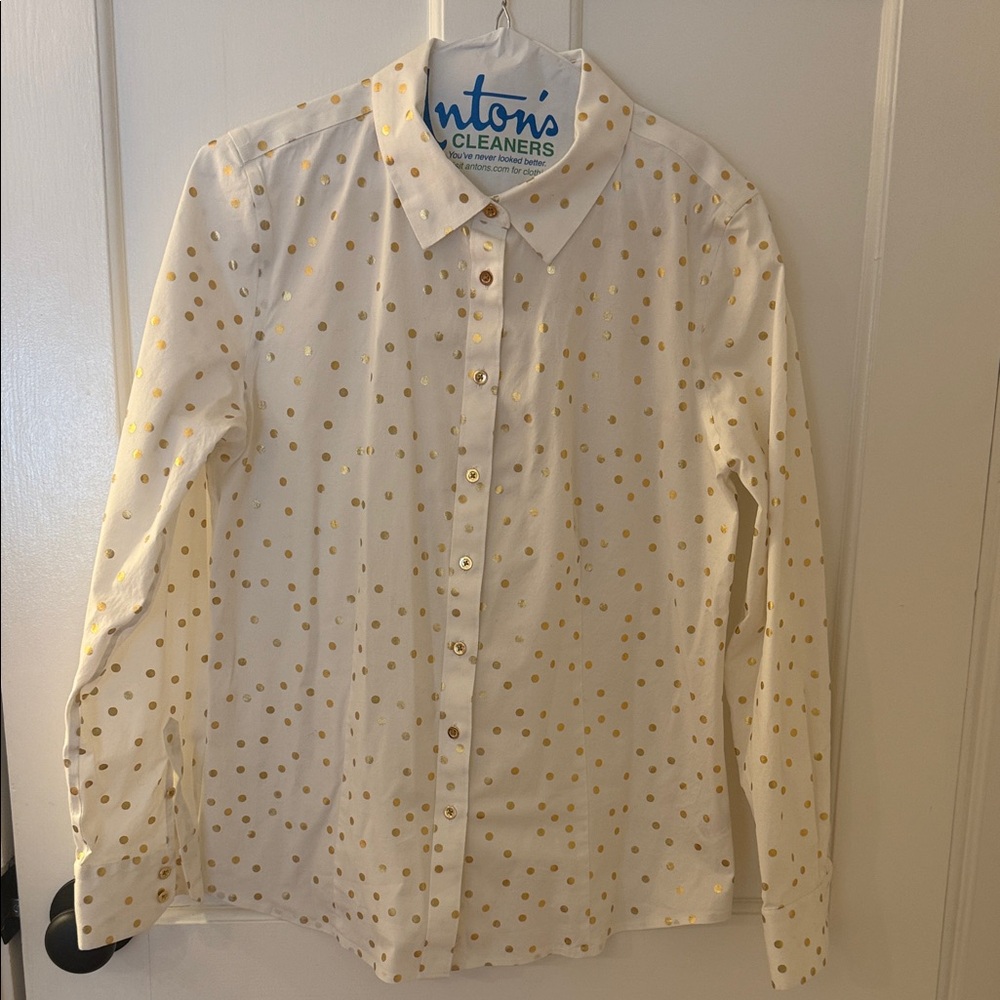 Talbots Cream Button-Down Shirt with Gold Polka Dots